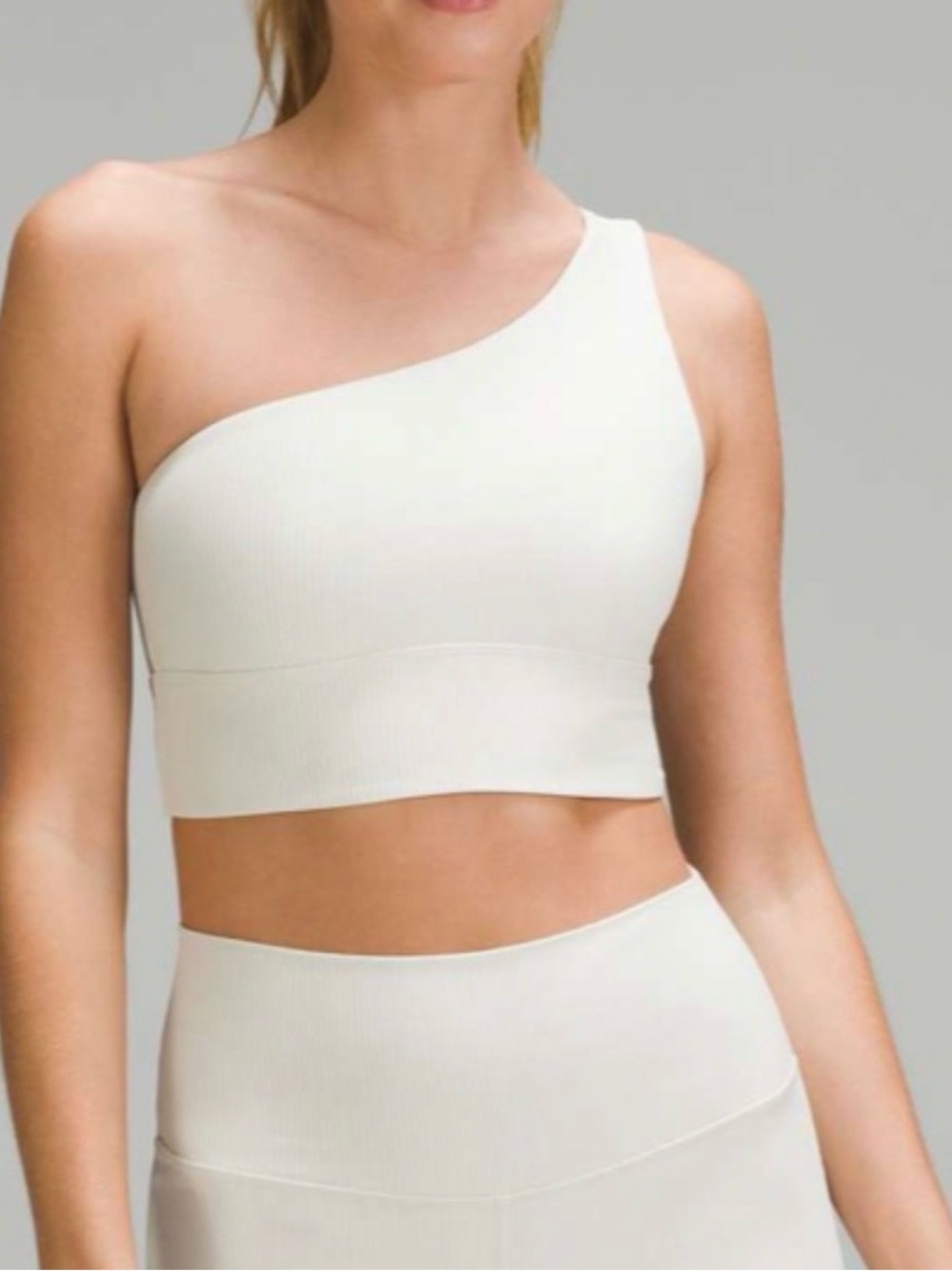 lululemon athletica One-Shoulder Crop Sports Bra in Cream